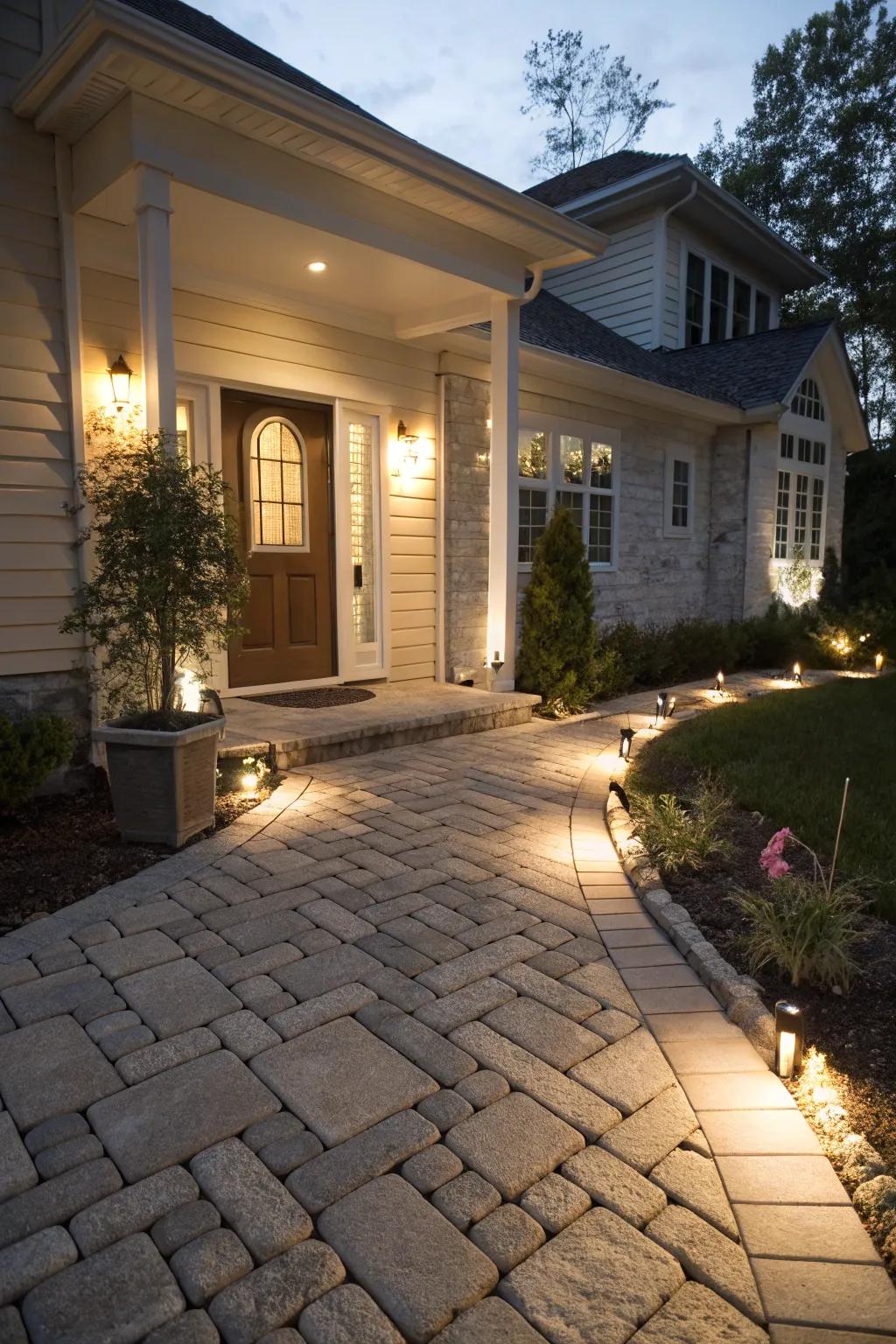Subtle lighting brings warmth to this modular entrance path.