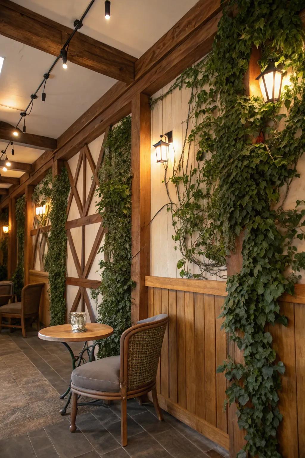 A rustic botanical wall harmonized with timber accents, introducing warmth and charm.