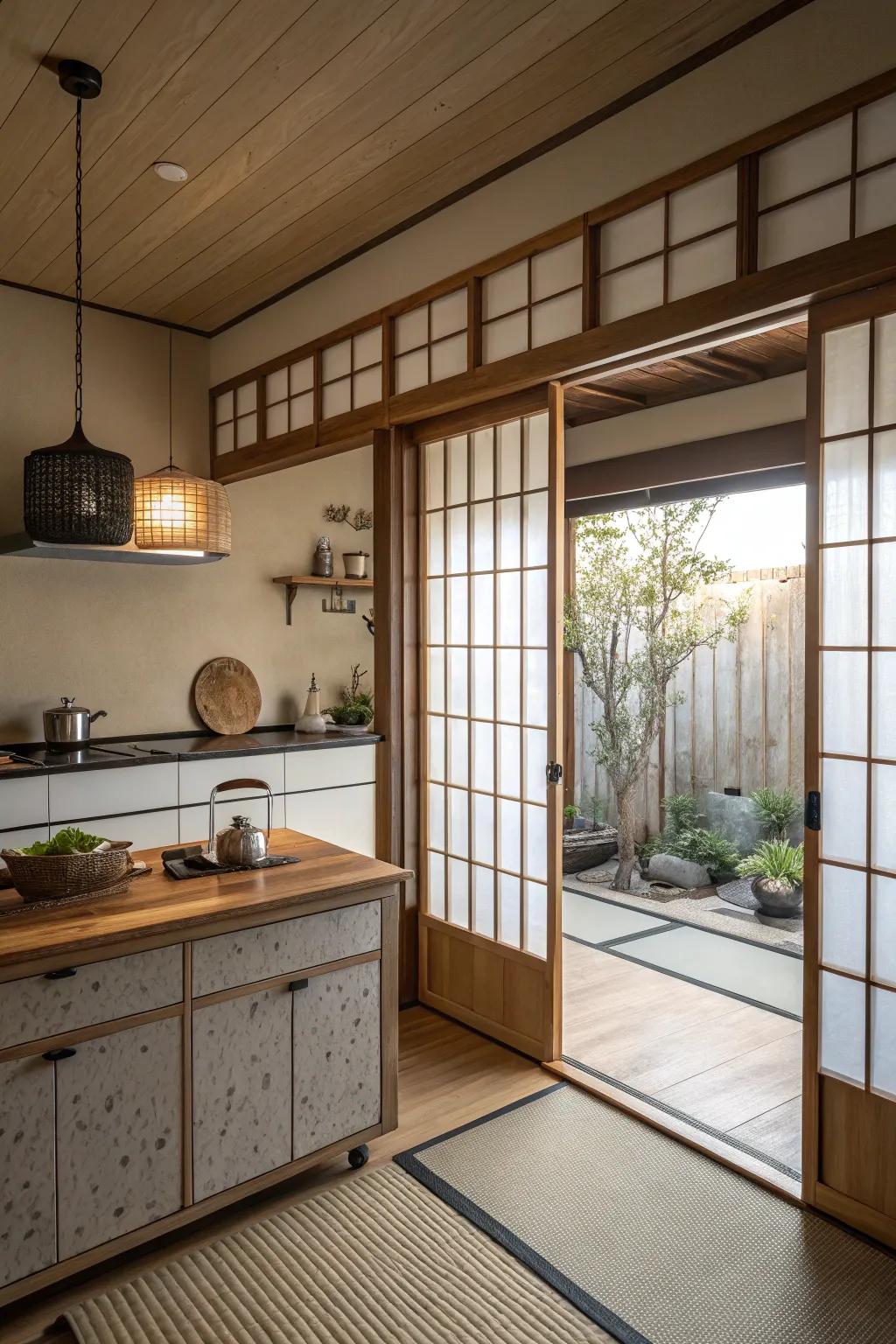 Shoji doors contribute grace and practicality to this kitchen.
