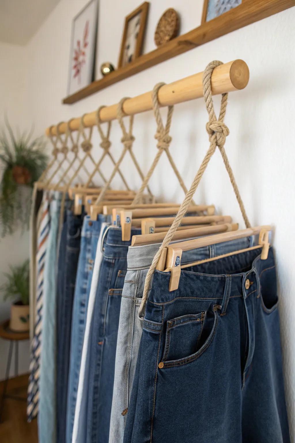 Create your own hanging rack for a customized jeans storage solution.