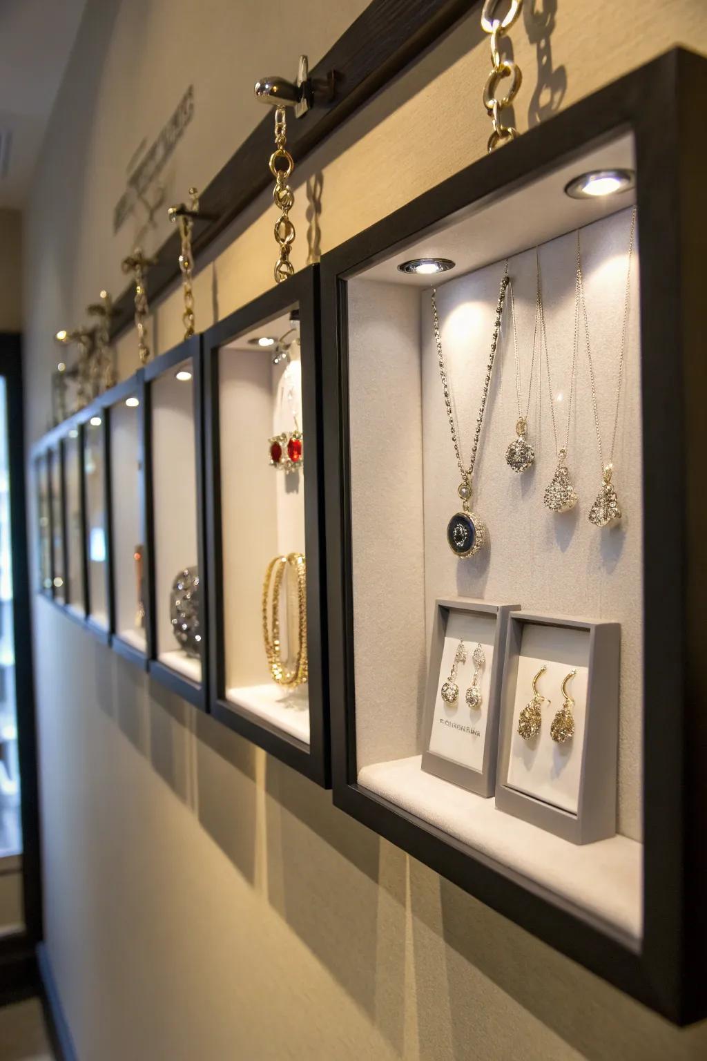 A shadow enclosure jewelry display designed like a gallery