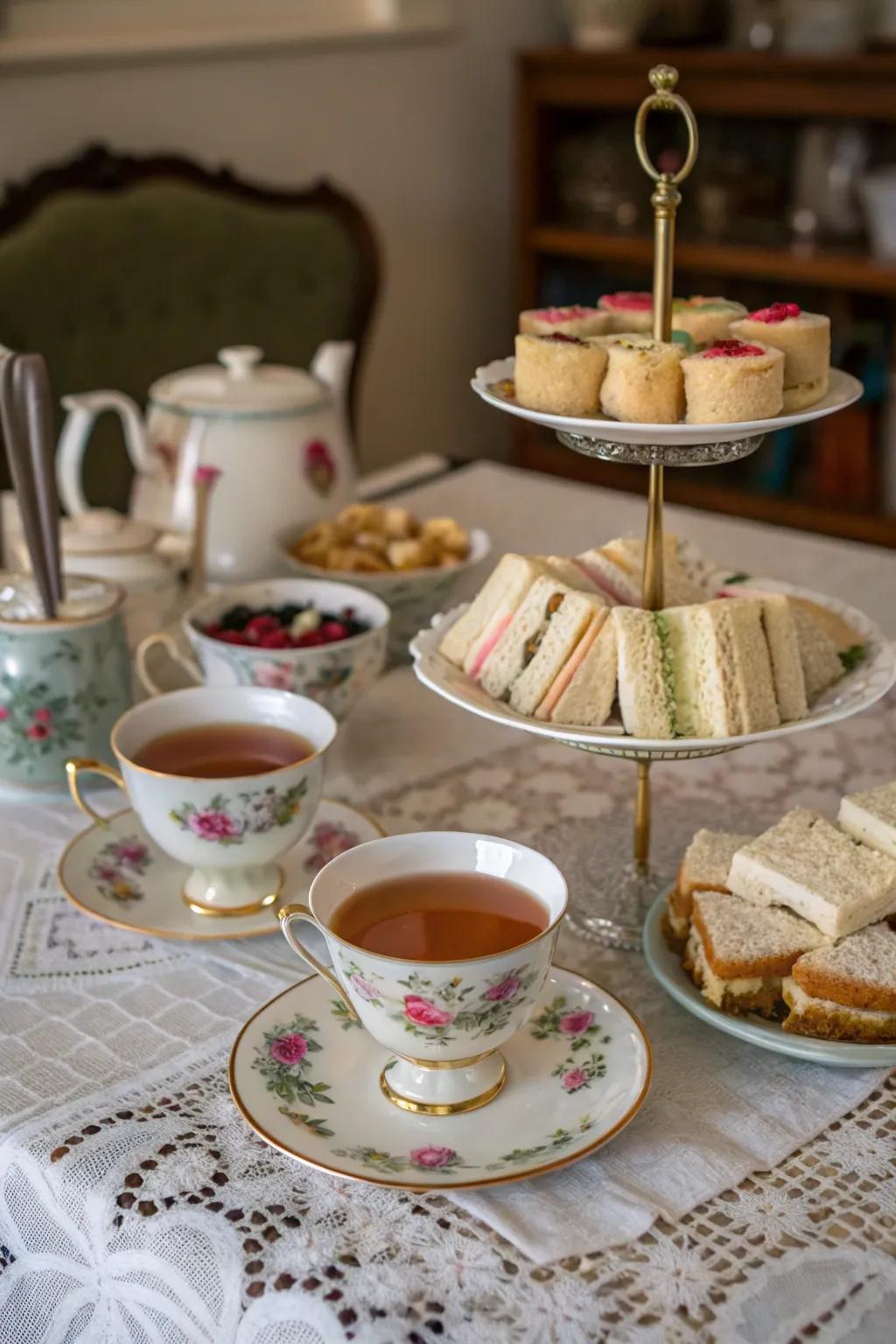A vintage tea soiree arrangement with mismatched china.