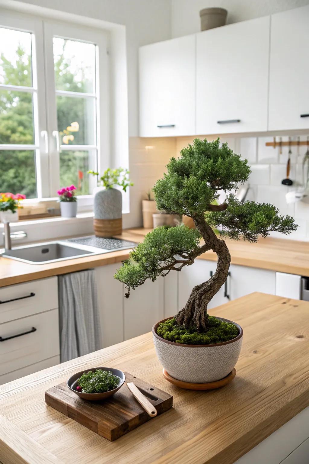 A trio stem juniper bonsai introducing complexity to a radiant cooking space.