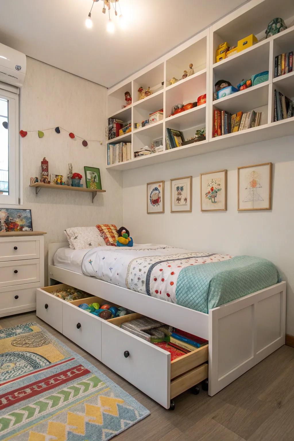 Inventive storage solutions keeping kid's areas orderly.