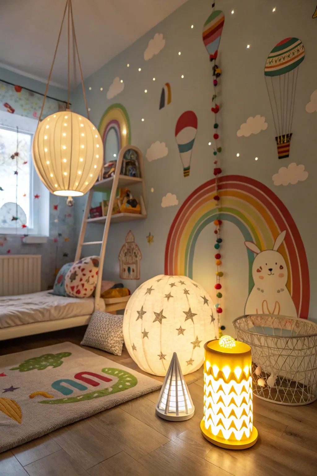 Whimsical illumination enhances the room's ambiance.