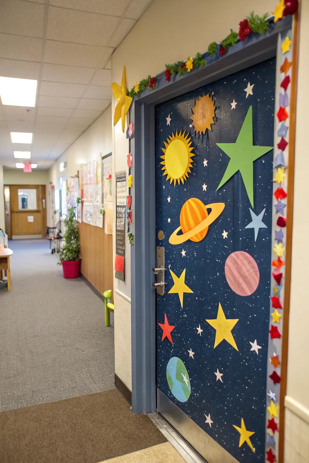 A kindergarten portal with a celestial theme featuring astral bodies and planets.