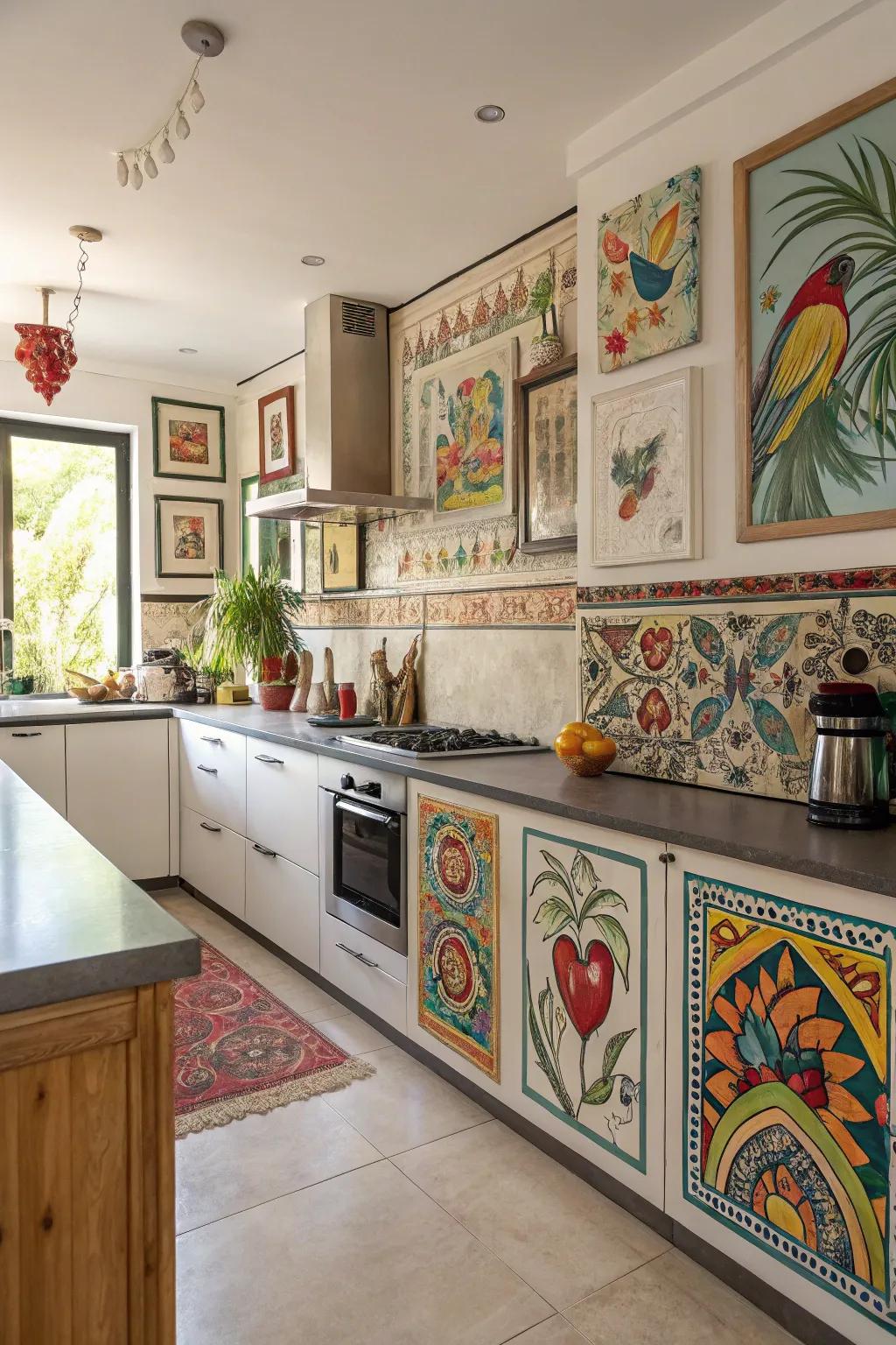 Borders of eclectic art transform your kitchen into an art display.