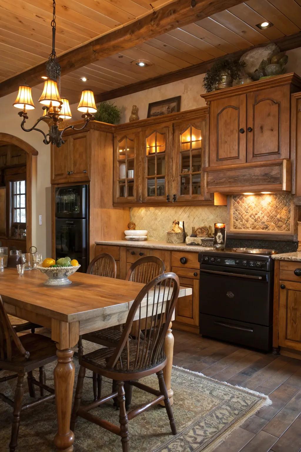 Country timber tones cultivate a cozy and timeless culinary attraction.