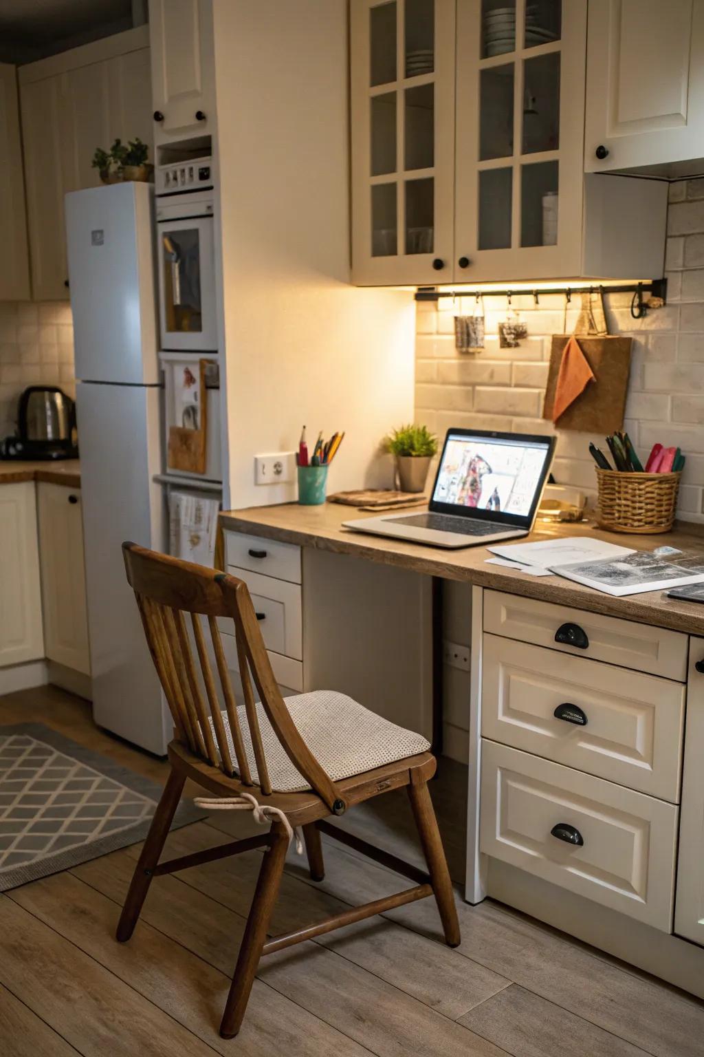 A mini office in the kitchen corner encourages productivity in a limited space.