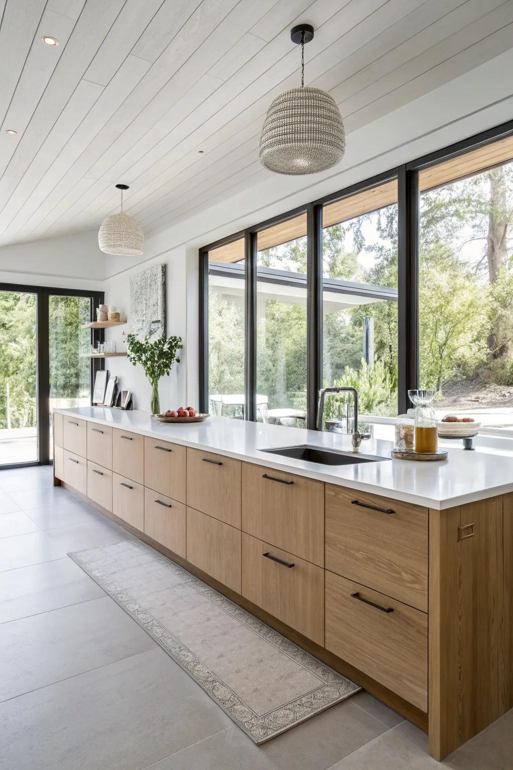 A floating credenza gives the kitchen a modern, airy feel.