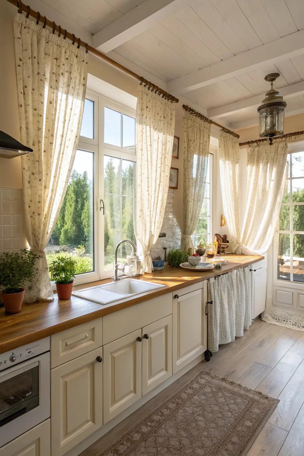 Window coverings that amplify light from outdoors for a radiant and airy kitchen.