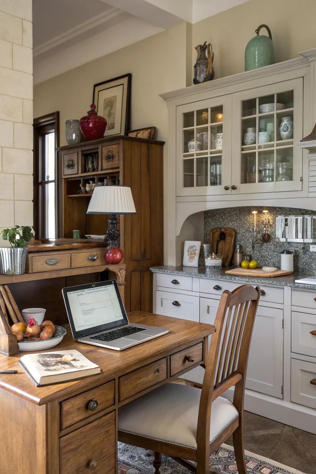 A kitchen desk design that successfully unites contemporary and heritage elements.