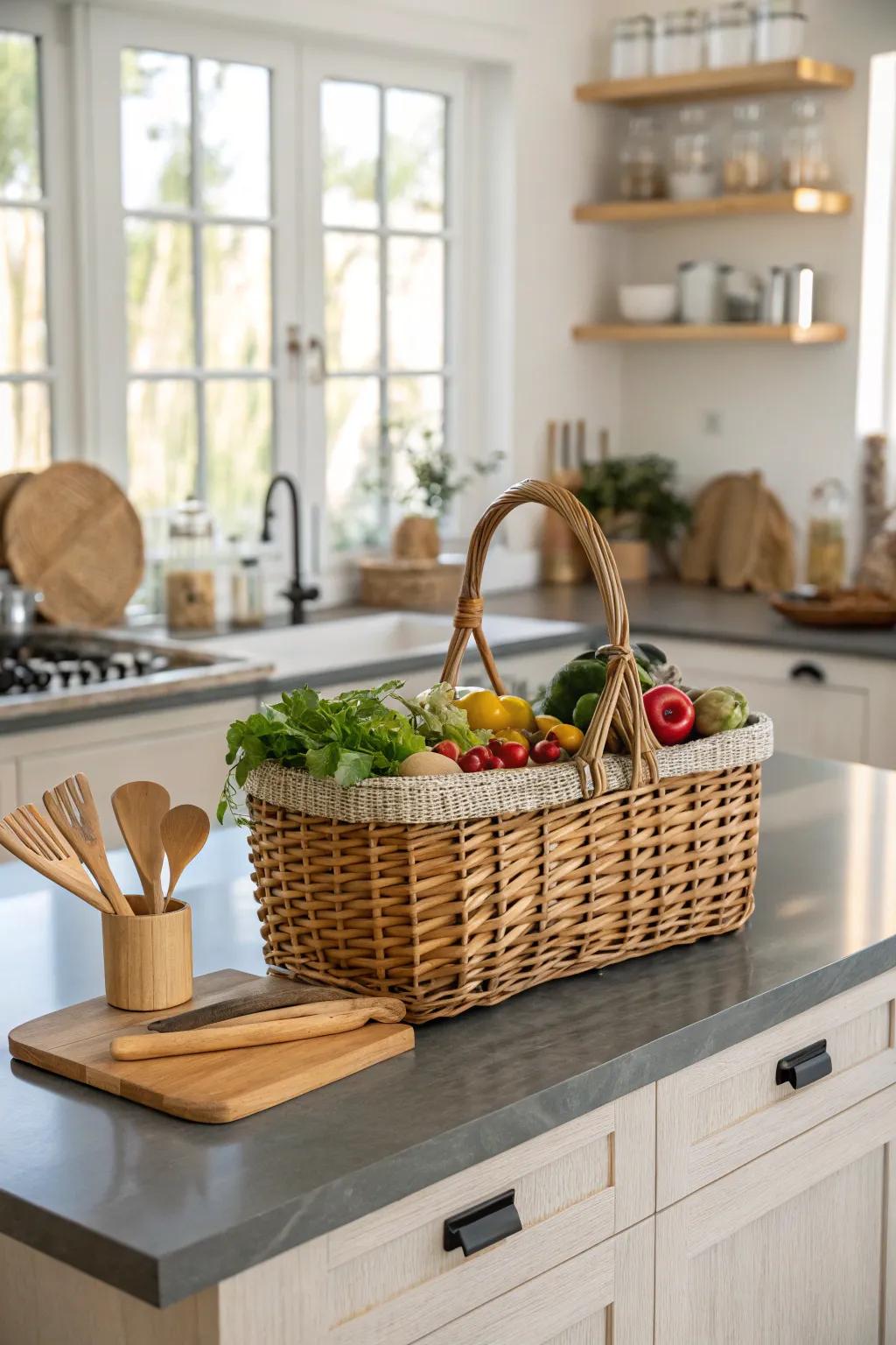 Natural textures infuse the kitchen with warmth and personality.
