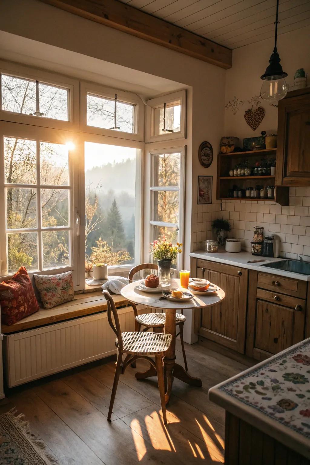 A kitchen featuring a cozy breakfast nook with a view.