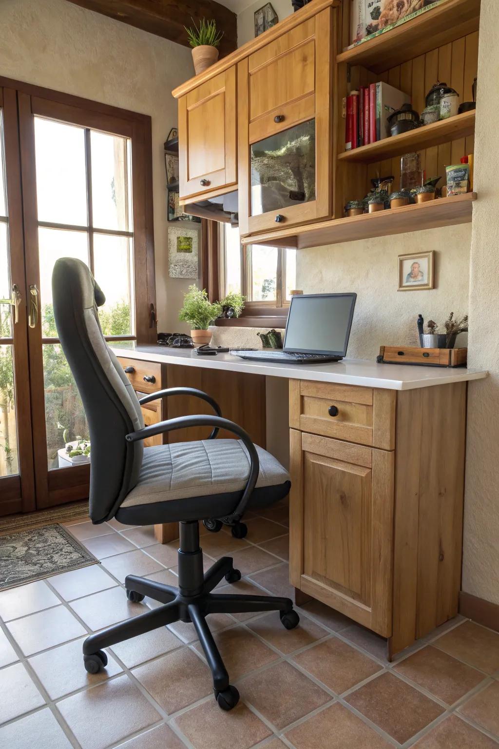 Ergonomic seating adds to the comfort of a kitchen office setting.