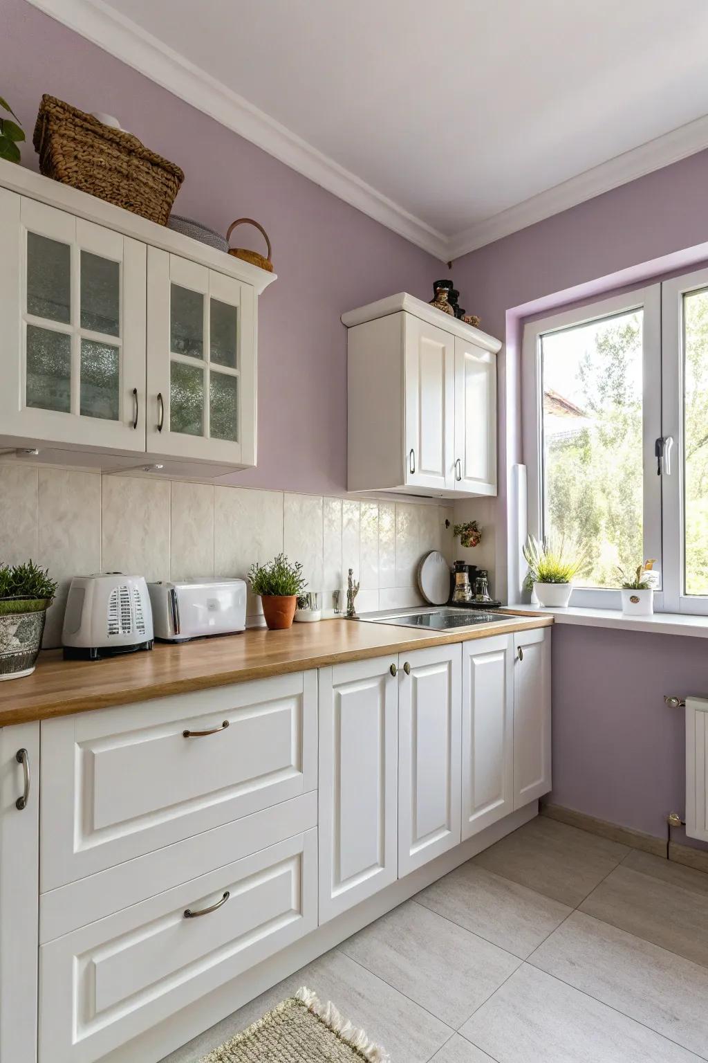 Subtle lilac walls introduce a charming and whimsical touch.