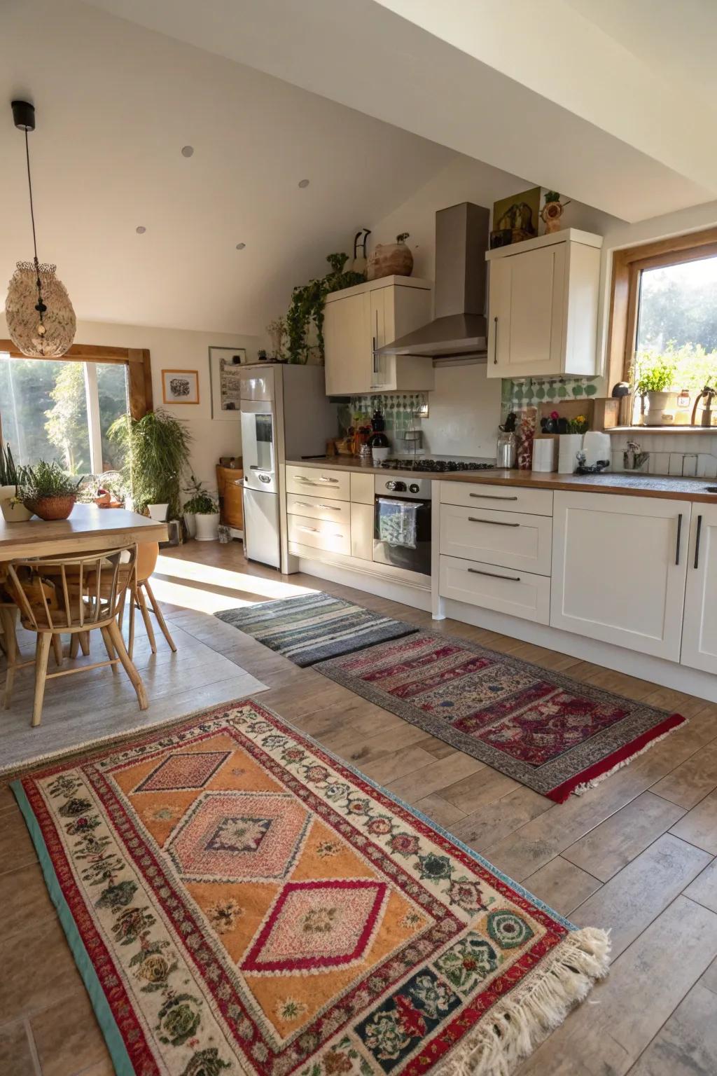 Rugs can efficaciously demarcate zones within open-concept kitchens.