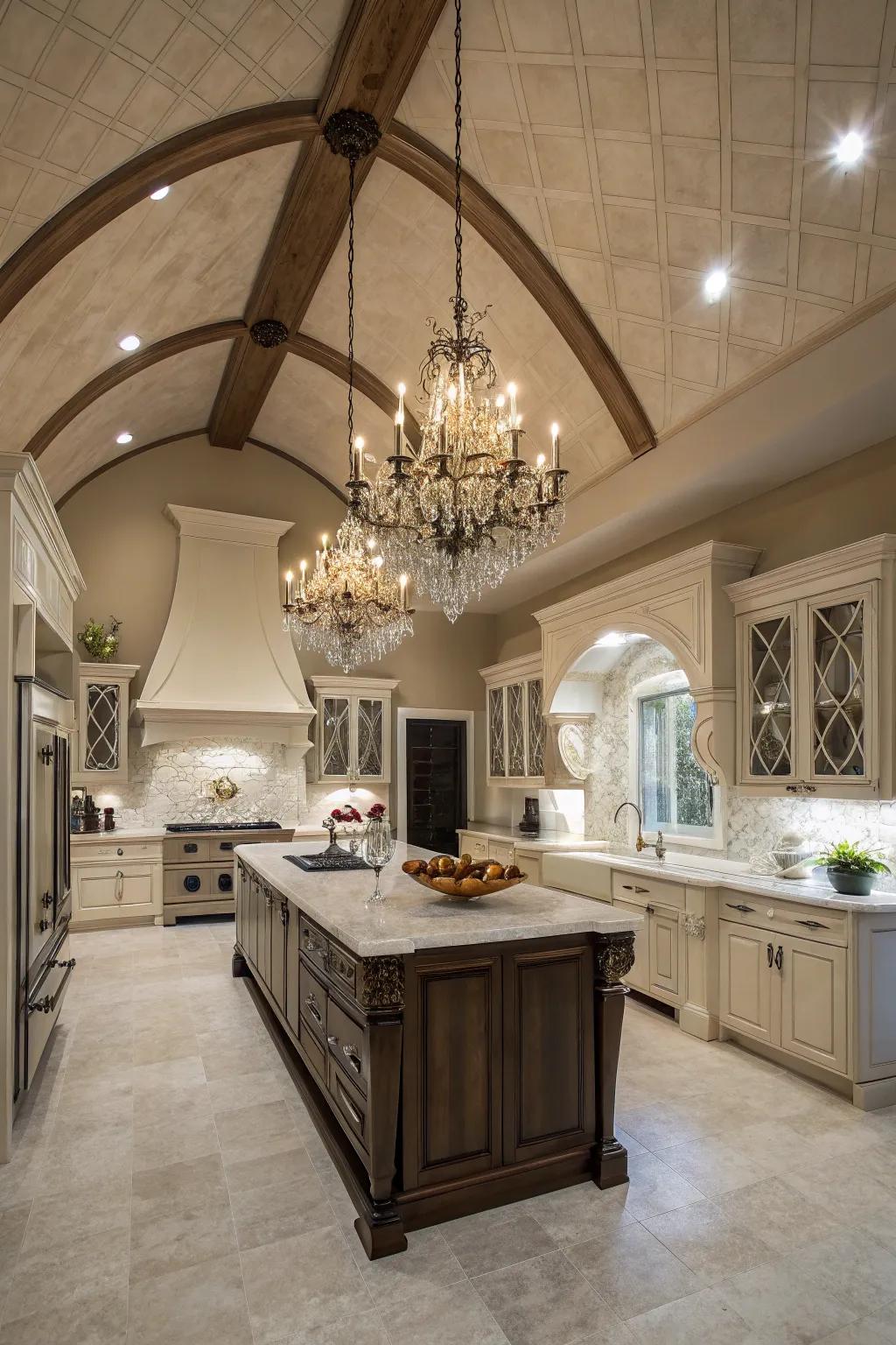 A notable chandelier enriches this kitchen with a vaulted ceiling.