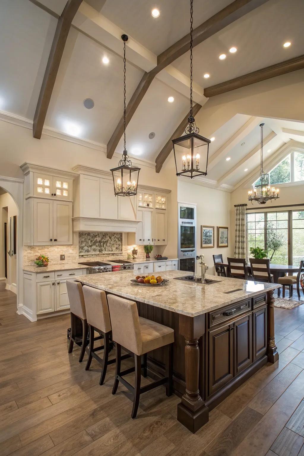 A culinary island creates a central gathering spot in this spacious kitchen.