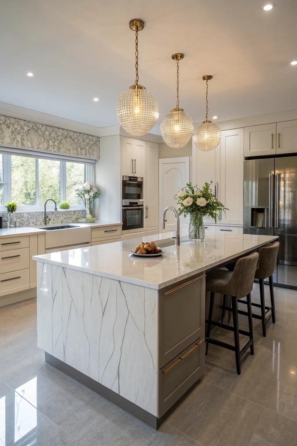 A statement quartz island serving as the kitchen's captivating centerpiece.