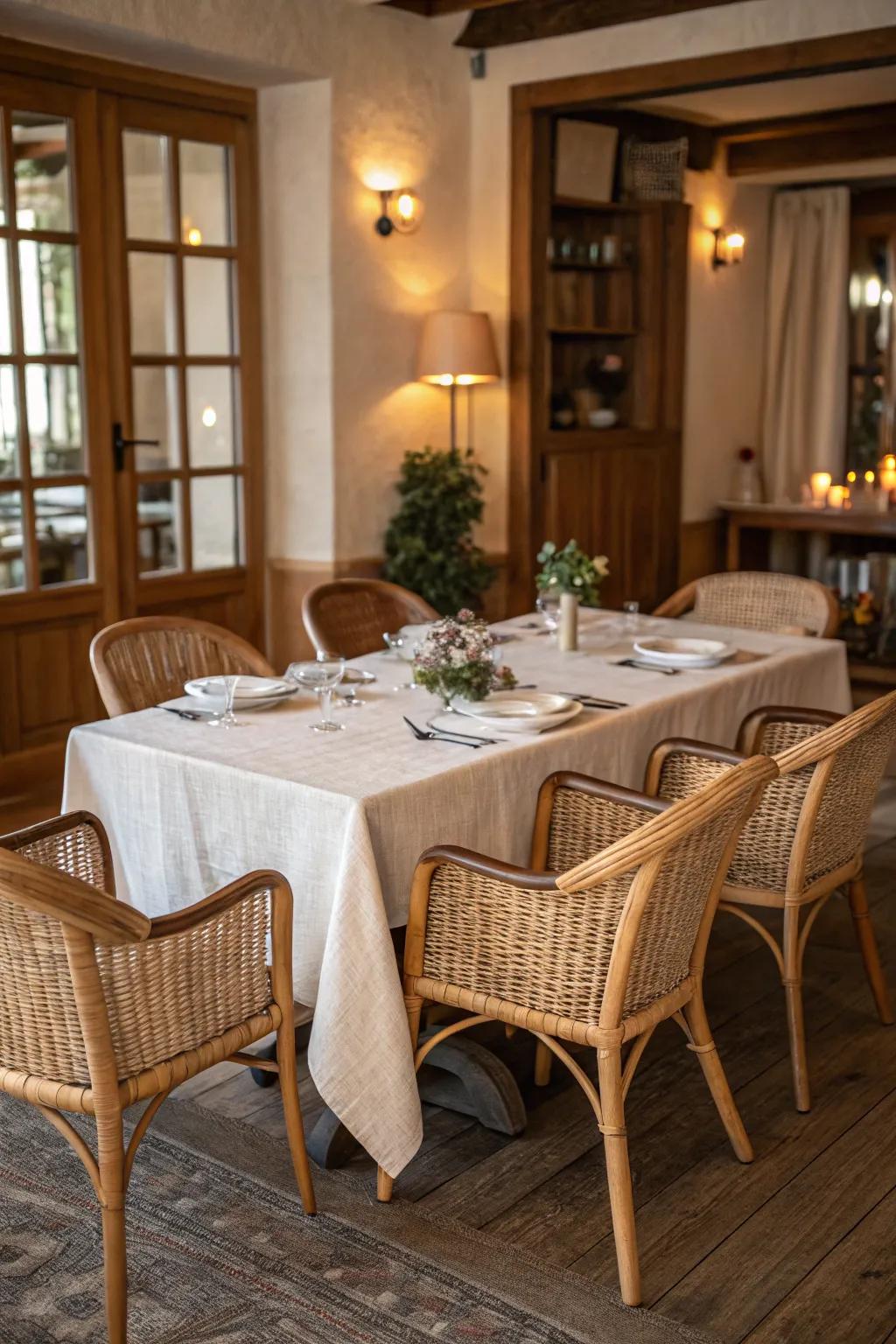 Natural weaves introduce depth and warmth to the dining space.