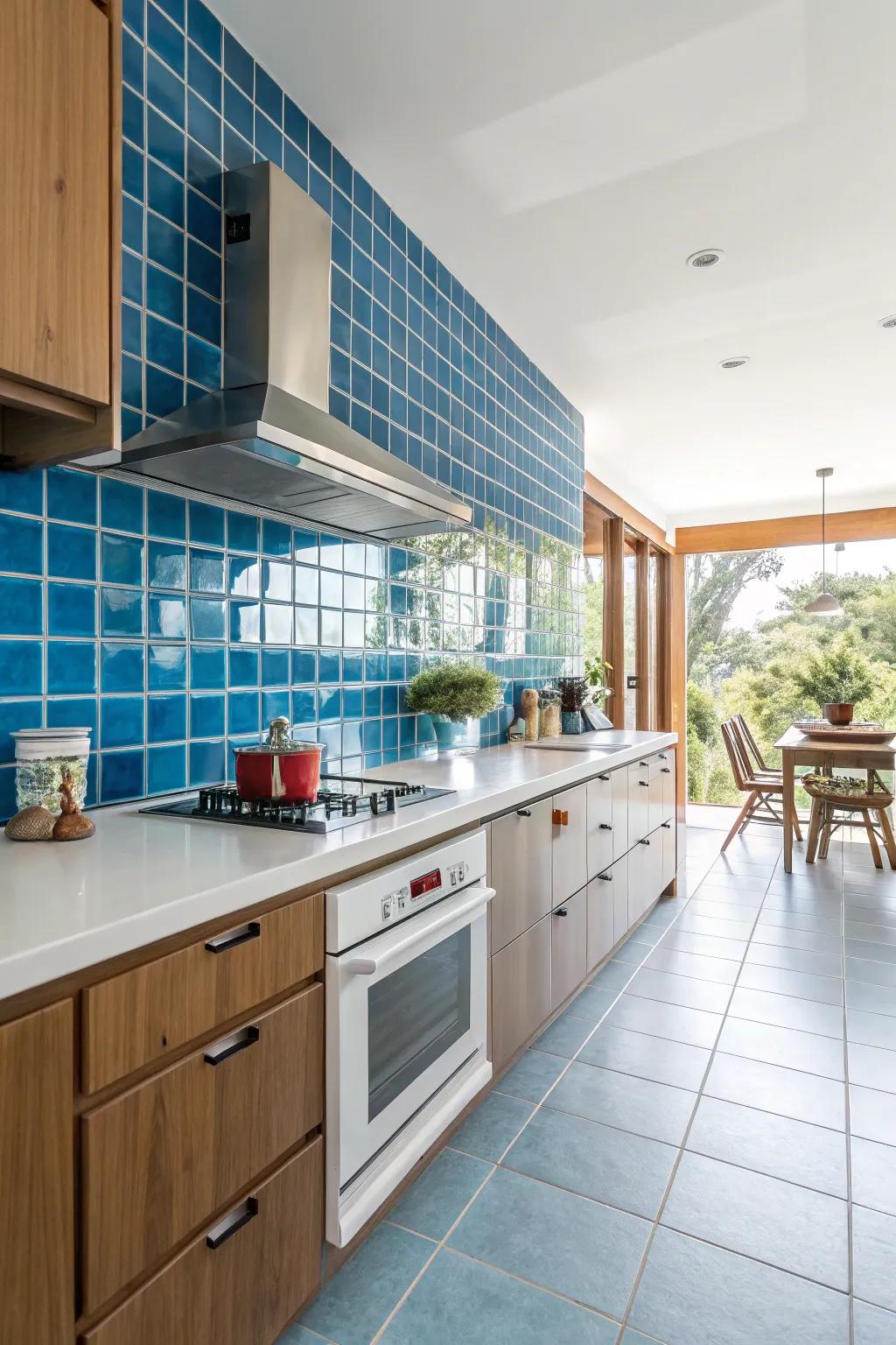 Create an impression with a backsplash formed of powerfully colored laminate.