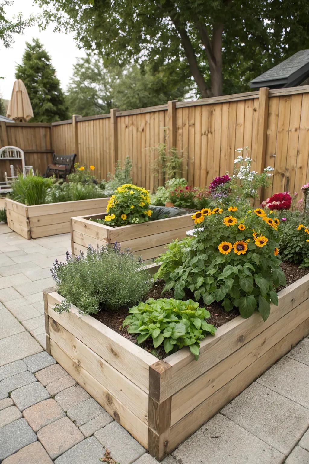 Timber planters augment the altitude and visual intrigue of garden displays.