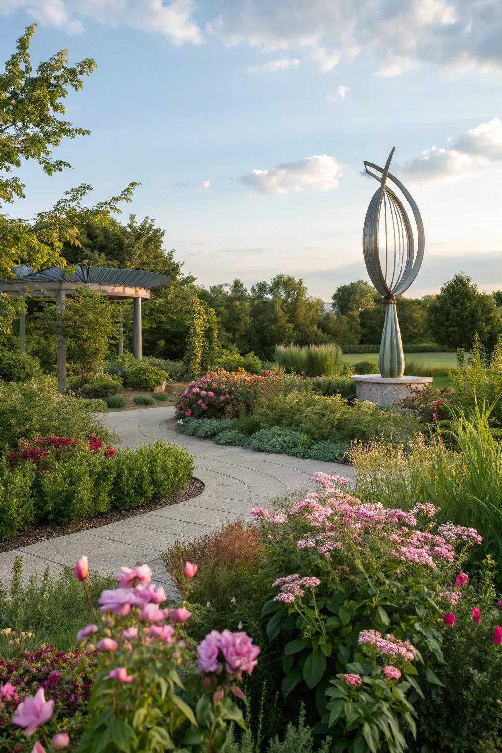 A garden showcasing a modern sculpture, appending artistic flair to the landscape.