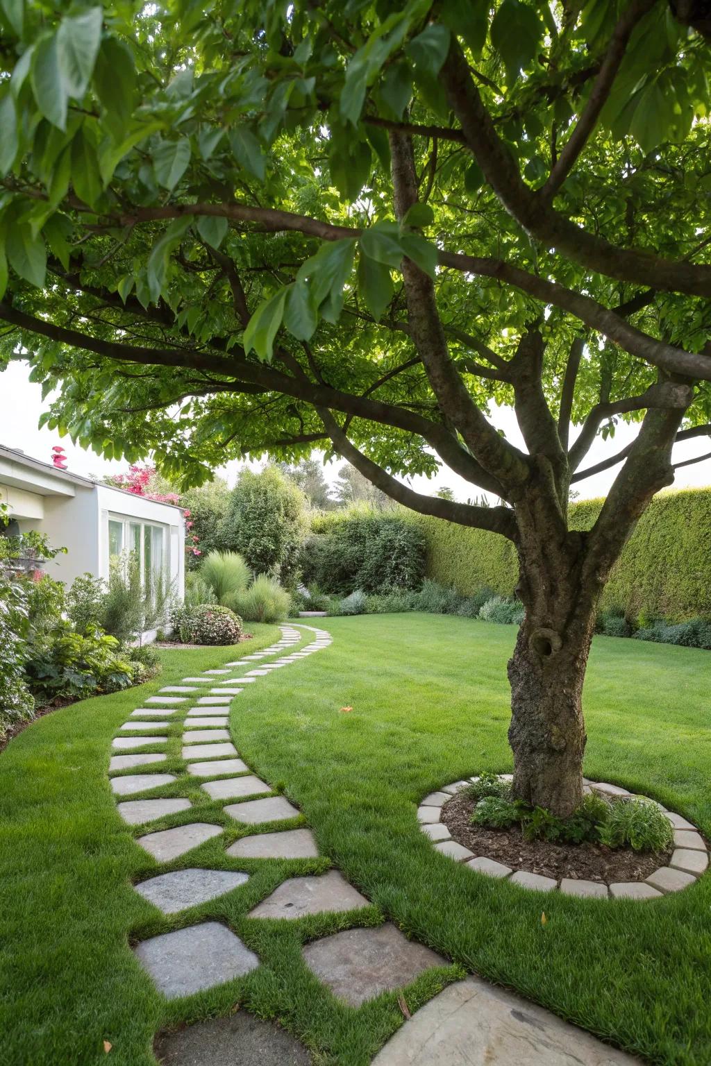 A tree with an enchanting pathway, inviting exploration of the garden.