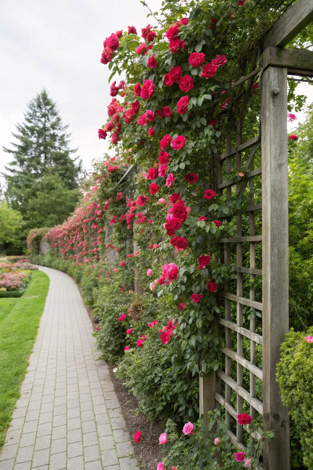 Vertical gardens with Everbloom roses create living walls.