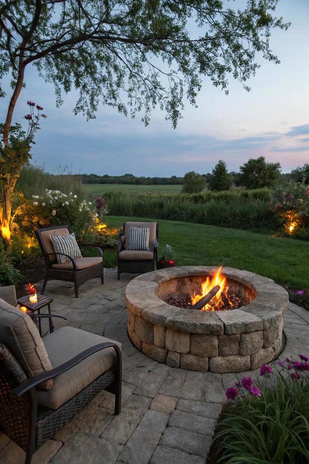 A stone fire pit creates a warm and inviting gathering spot.