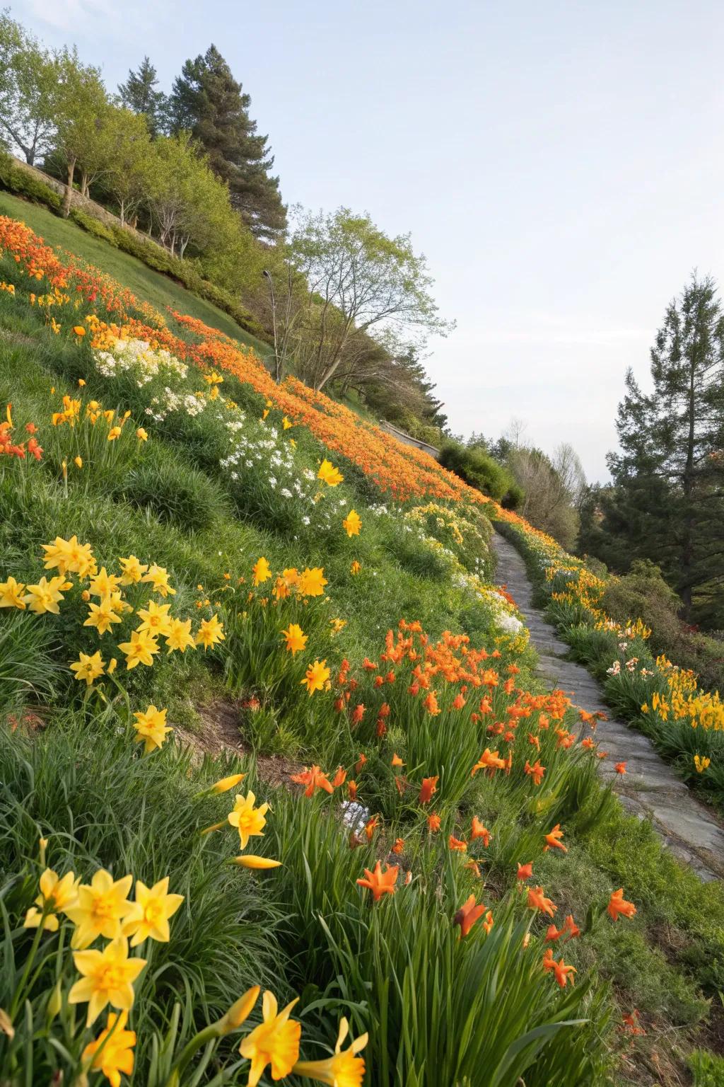 A steep garden incline transformed with daffodils and daylilies, presenting vibrant hue.