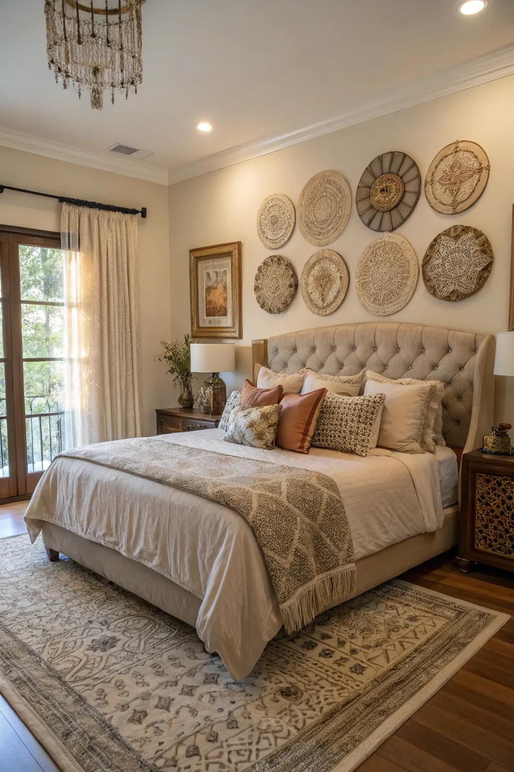 Art and ornamental elements personalize and enhance this expansive bedroom.
