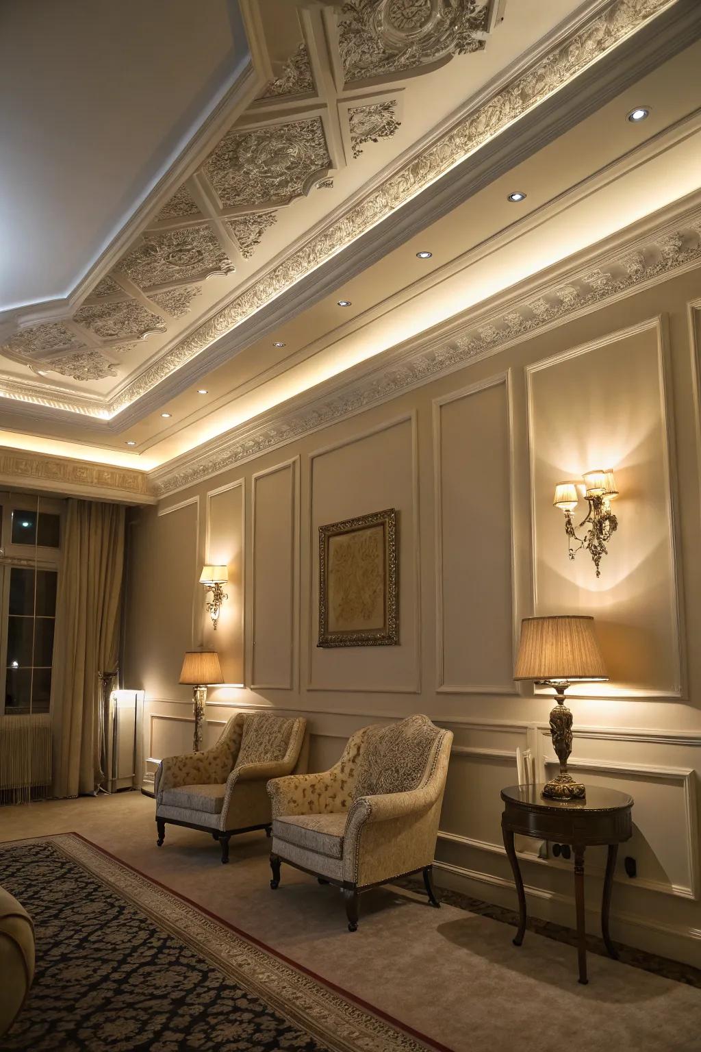 A chamber featuring illuminated expansive crown molding, thereby enhancing the atmosphere through the utilization of subtle illumination.