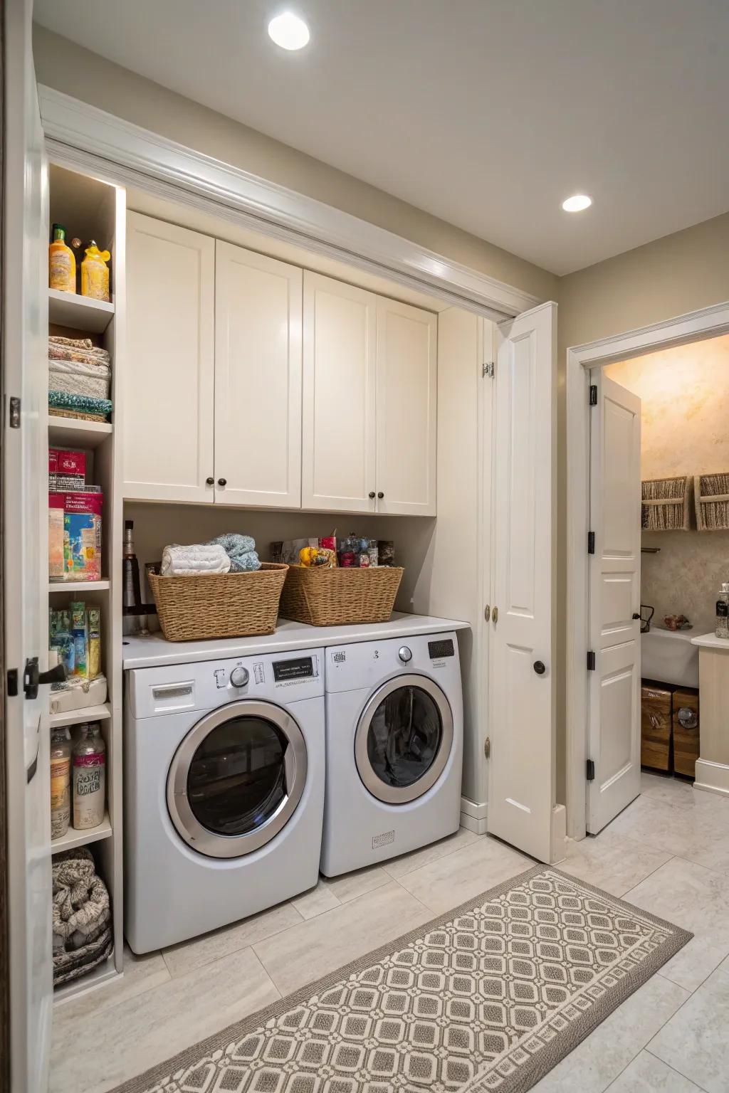 Sophisticated hidden cabinets offer a tidy, minimalist aesthetic.