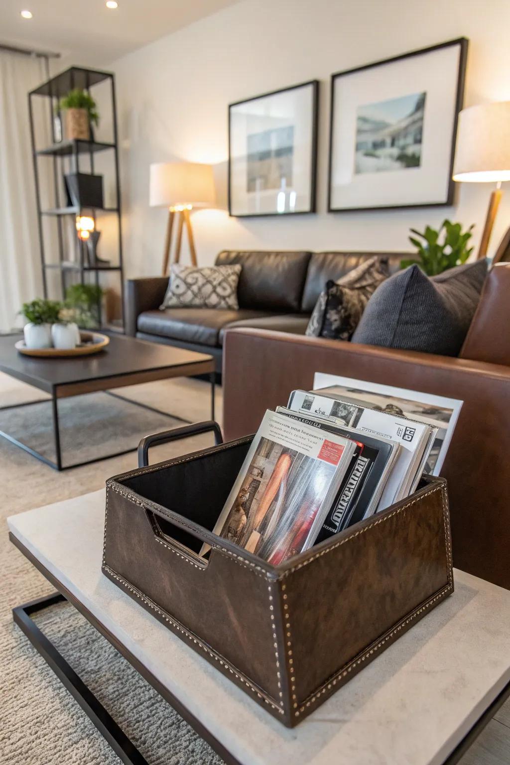 Leather holders keep periodicals organized and stylish.
