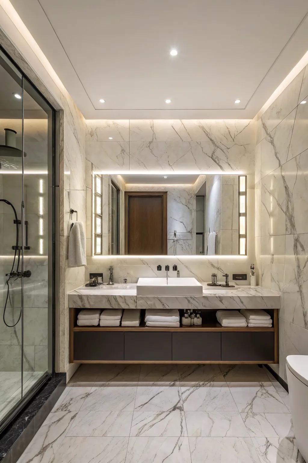 A classic bathroom design featuring a marble backdrop and a sleek LED mirror.