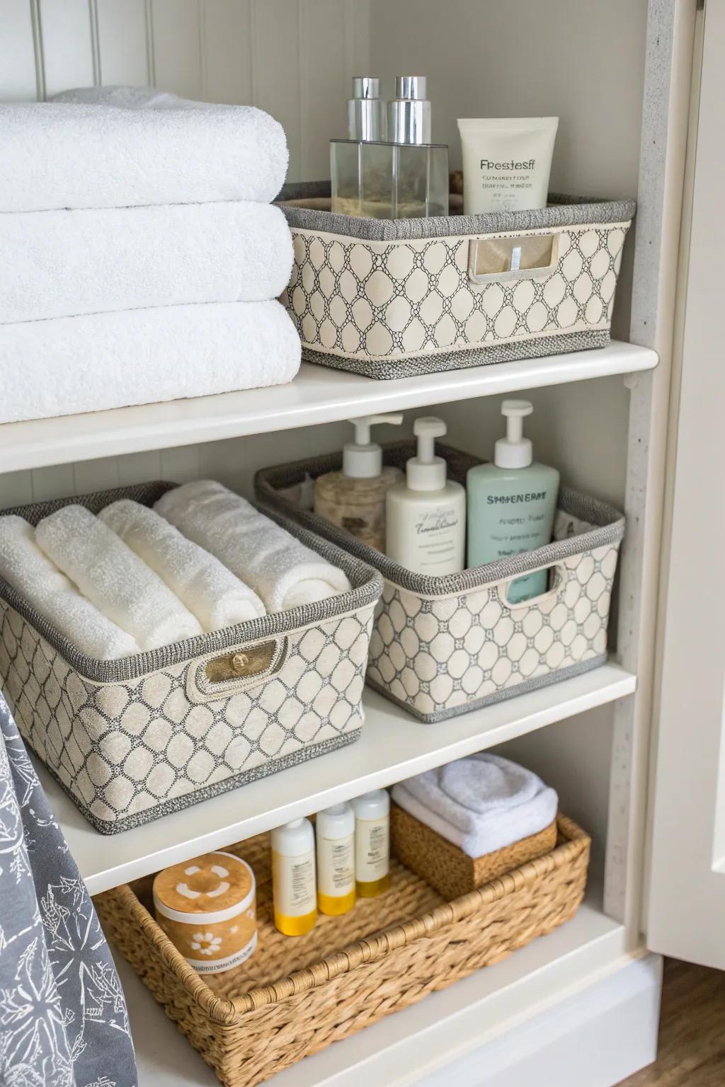 Stylish vessels contribute both function and style to a linen closet.