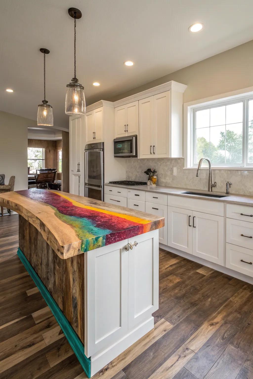 A colorful live edge countertop adding a splash of color to a neutral kitchen.