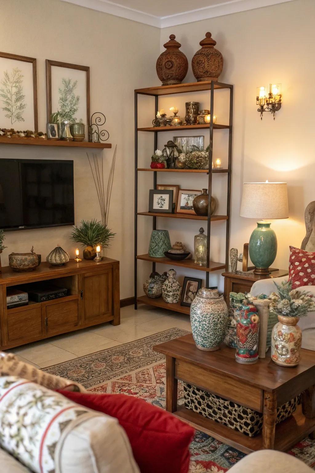 Mixing and matching ornaments throughout the room adds festive detail.