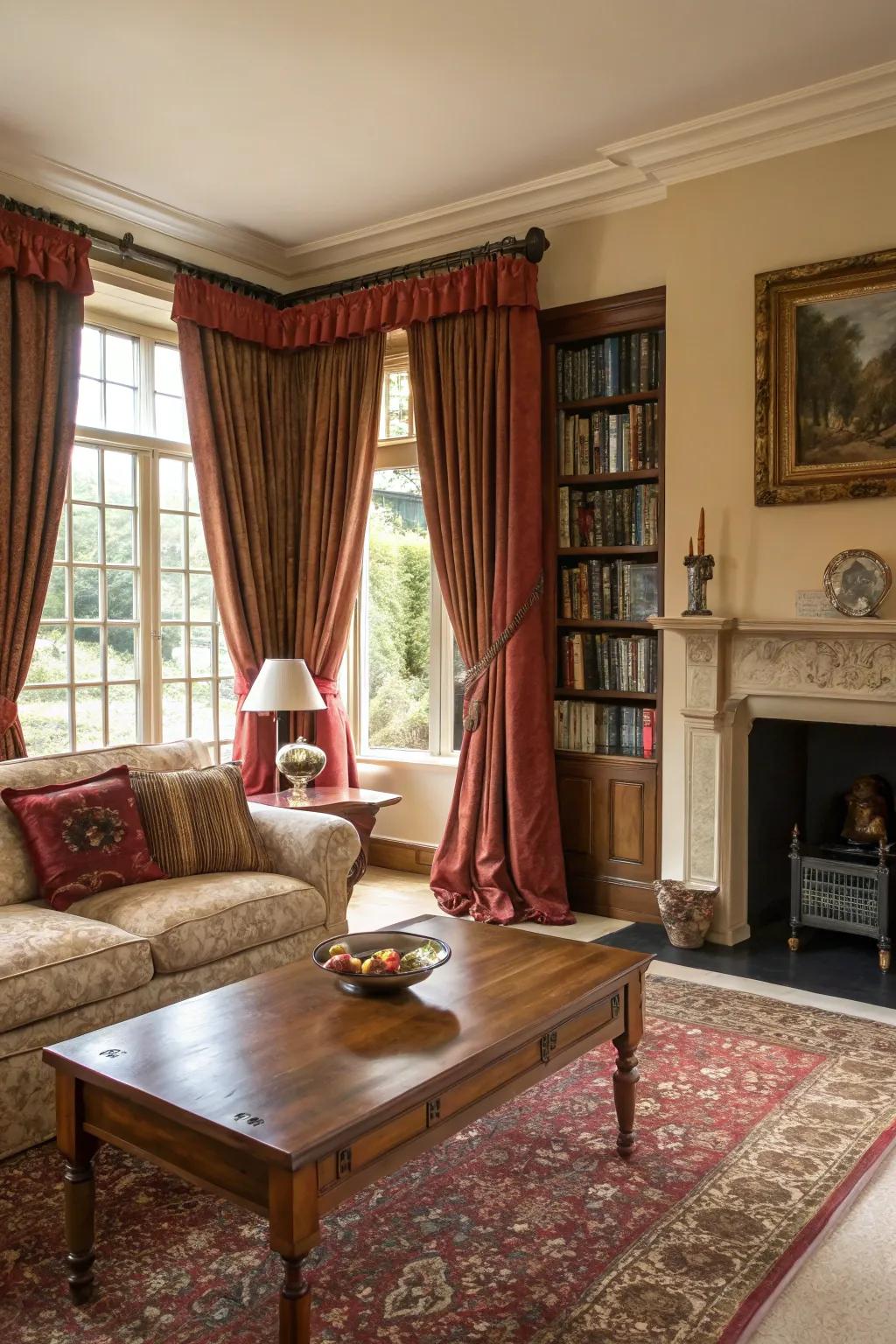 Conventional window coverings fashion a snug and enchanting atmosphere in your living space.