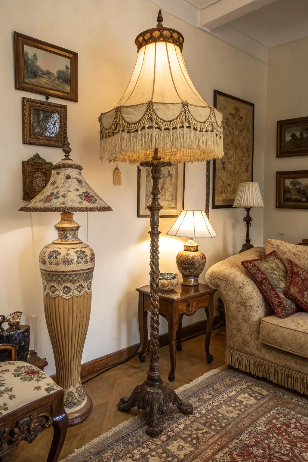 A vintage-style family room featuring an antique floor lamp.
