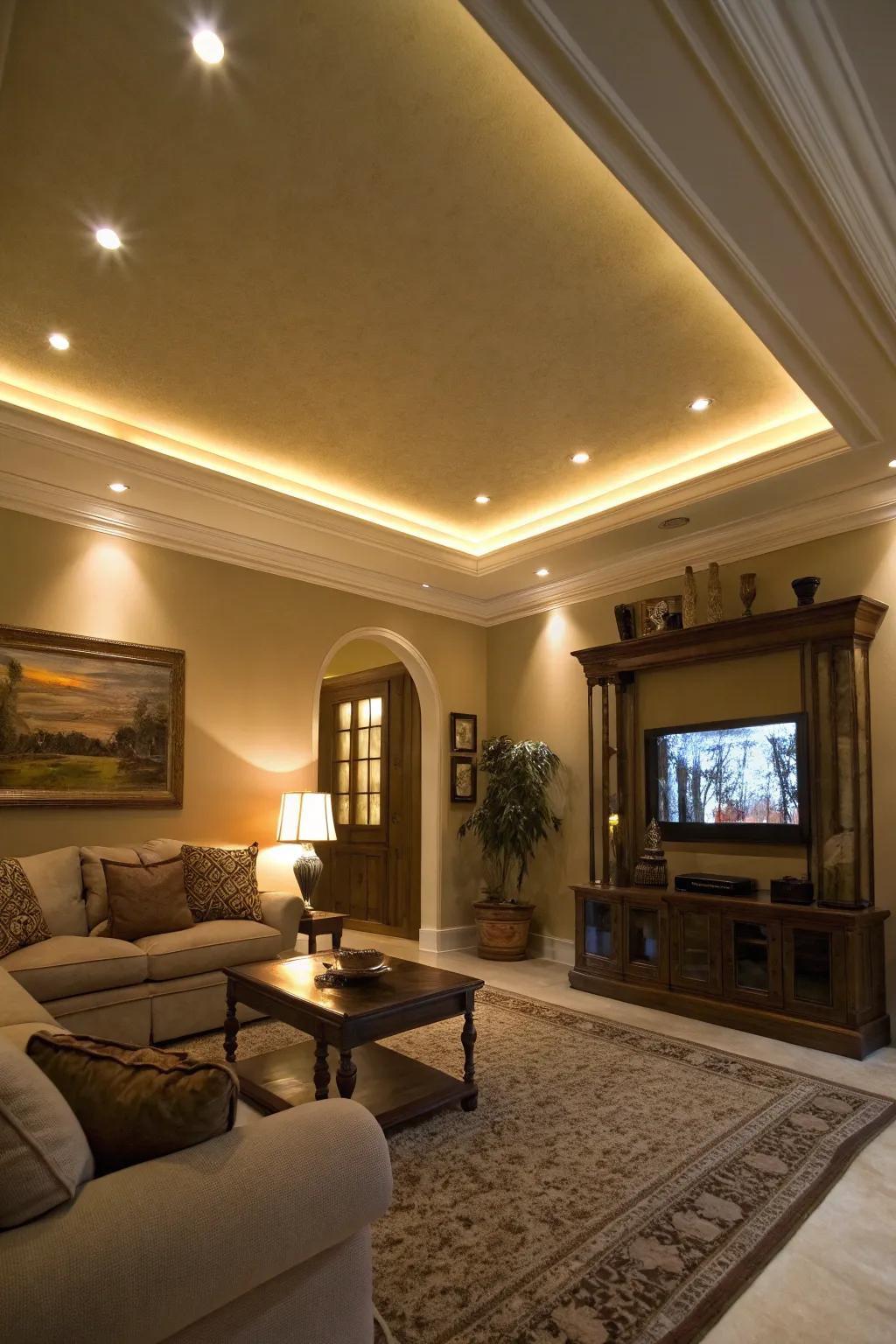 Uplighting appends theatricality and an illusion of height to modest ceilings.