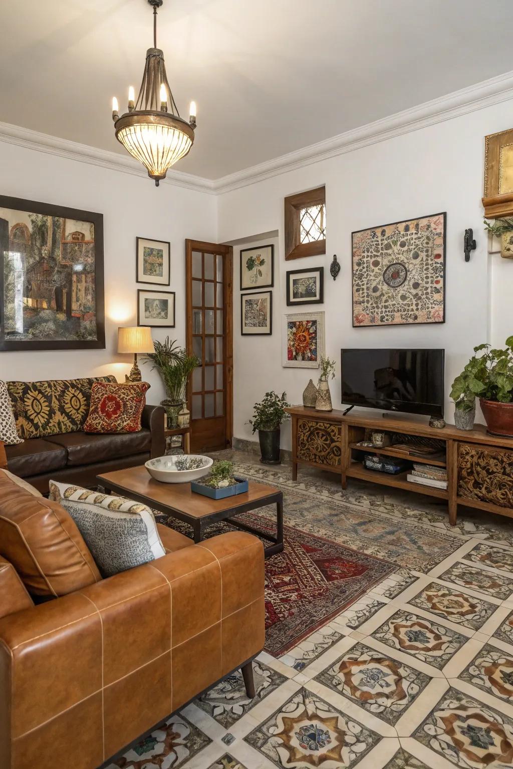 Dynamic lounge with mixed-texture tiles.