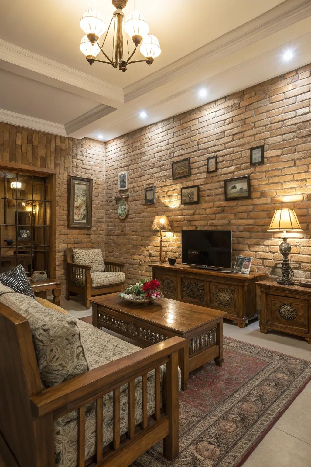 Simulated bricks contribute vintage charm and texture.