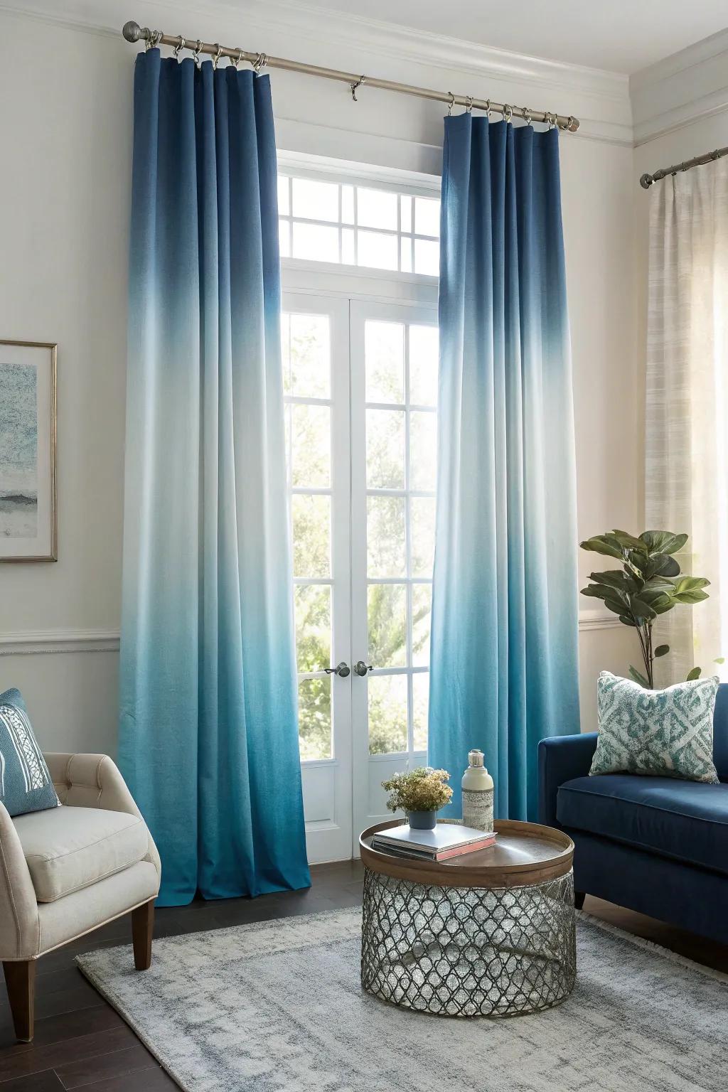 Ombre azure window coverings introduce an artistic flourish through their gradient design, heightening the room's modern atmosphere.