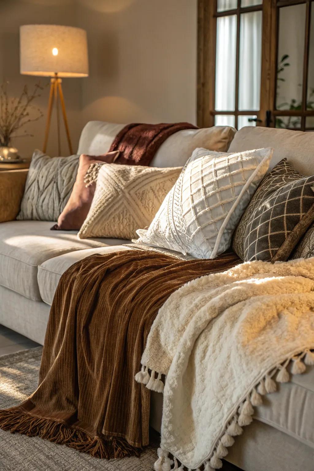 Layered materials enhance depth and appeal, rendering your living space inviting and sophisticated.