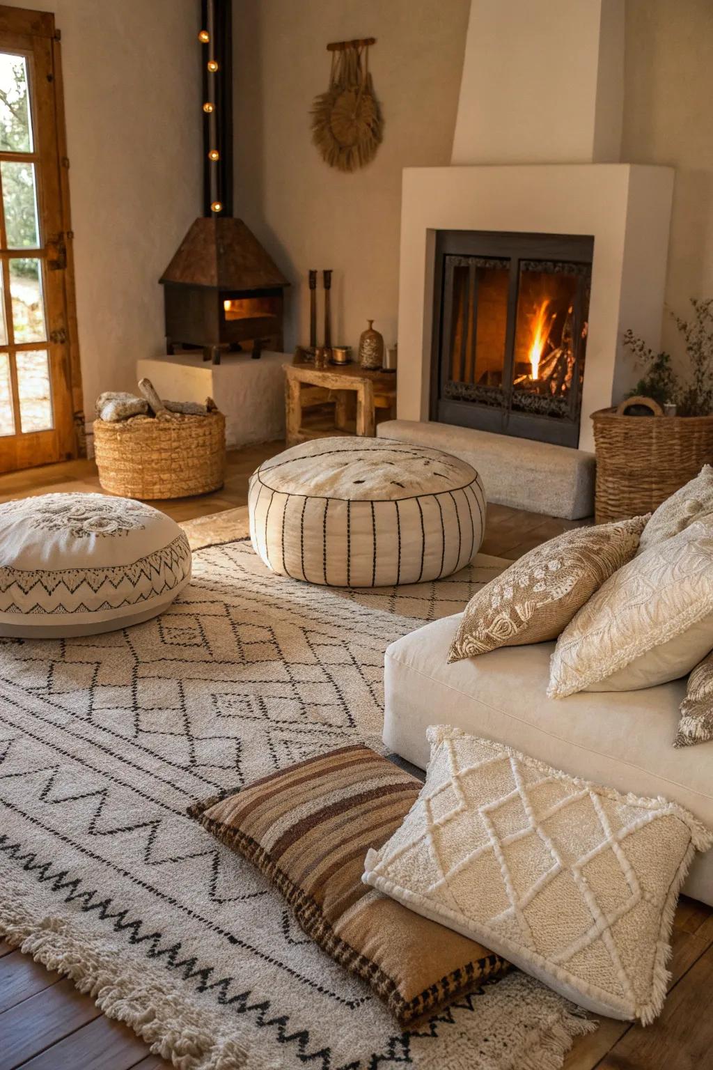 A living room distinguished by richly textured rugs and pillows, arranged harmoniously around the fireplace.