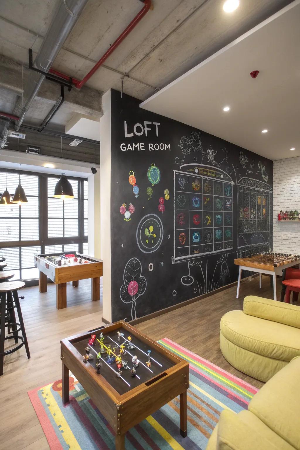 A chalkboard wall promotes creativity and engagement within the game area.