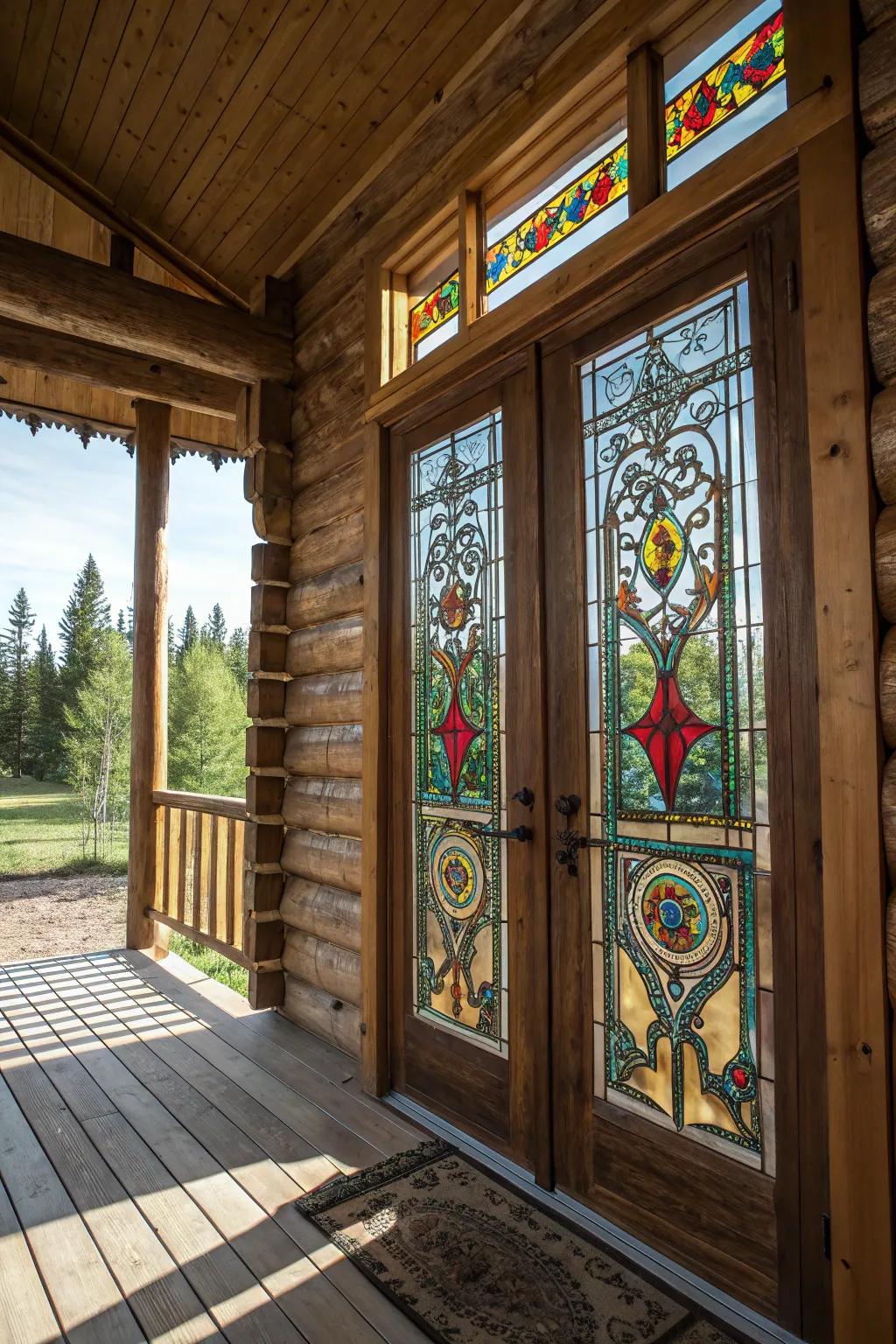 A log cabin door featuring colorful stained glass panels.